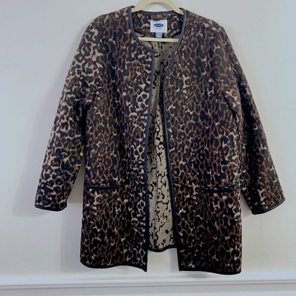 🔥🐾🔥Beautiful Coffee Black Animal Print Coat Jacket Cardigan Faux Leather Trim - Picture 3 of 12